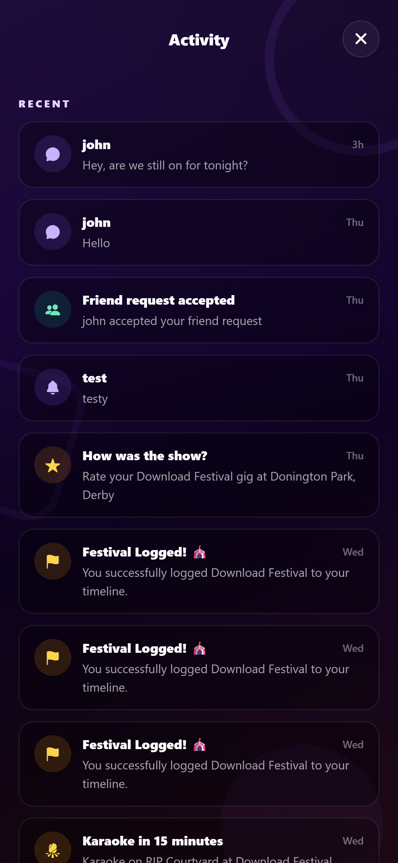 Activity feed in Radar app