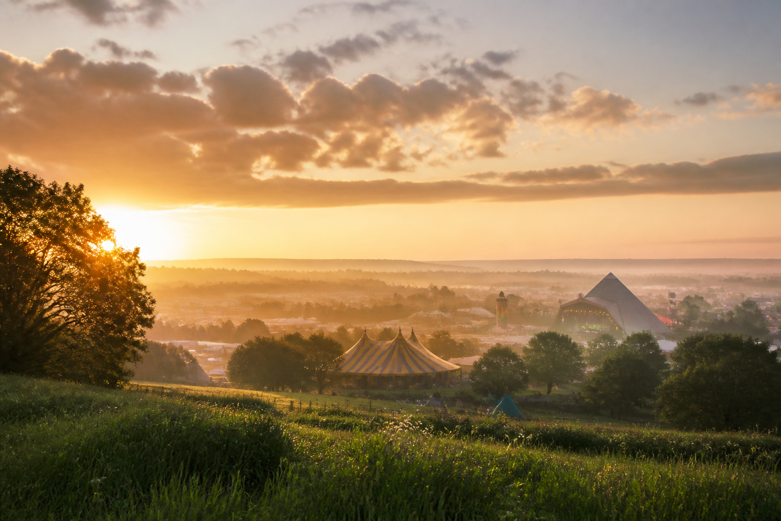 Glastonbury-style festival field at golden hour