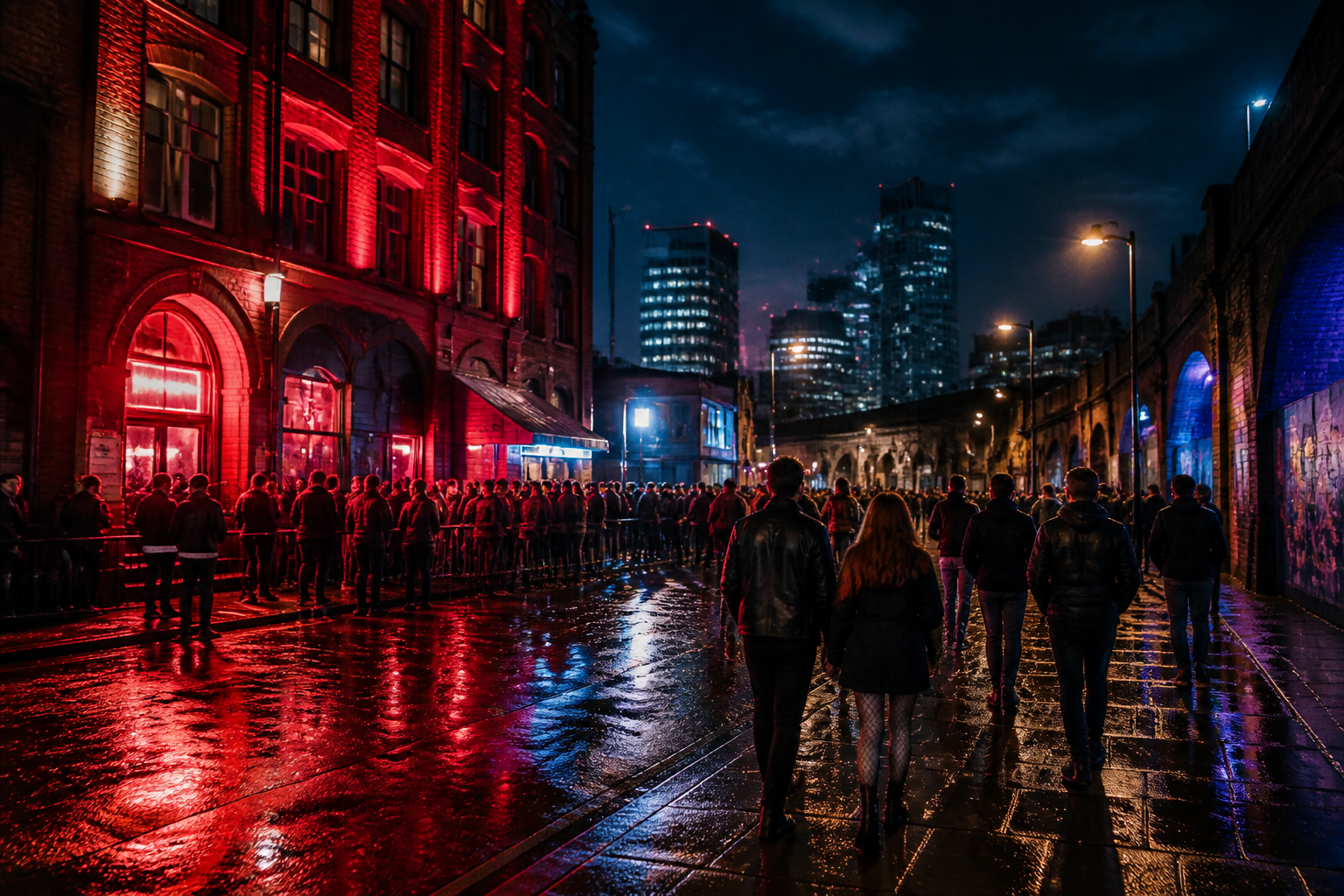 Manchester night street with venue neon