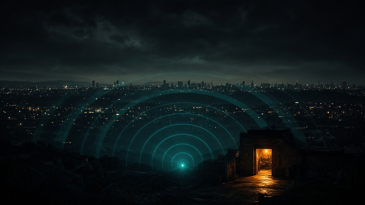 Night city skyline with radar rings sweeping toward a lit venue doorway — Meet @john on Radar