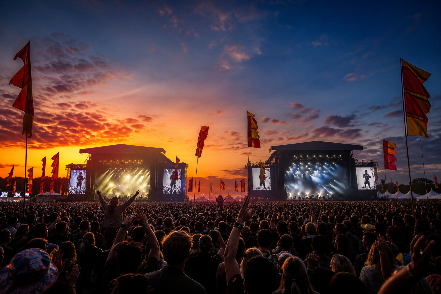 Reading and Leeds festival night atmosphere with stage lights