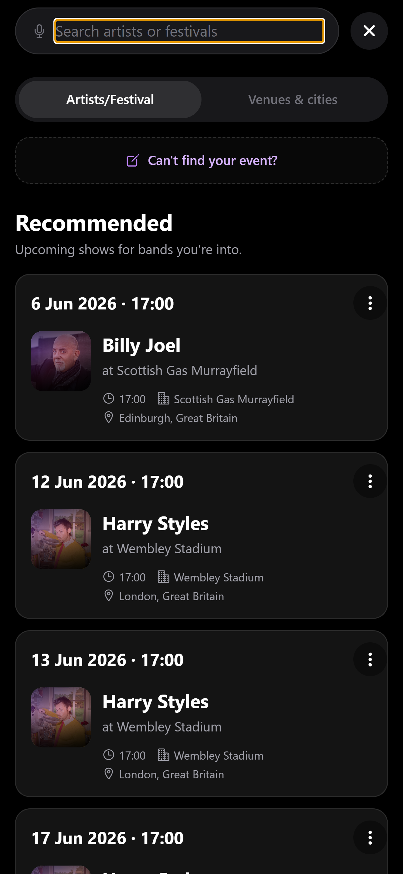 Find shows in Radar