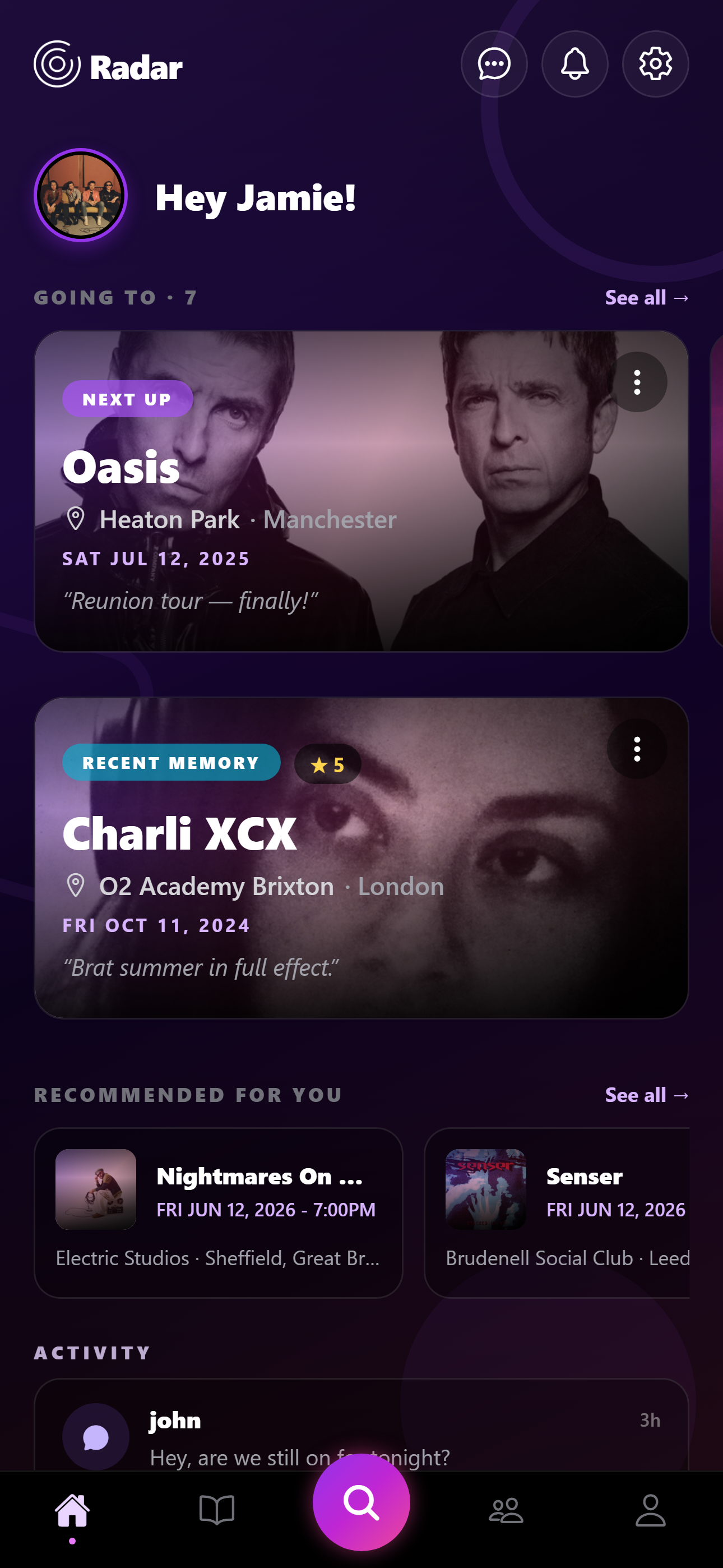 Radar home screen showing upcoming gigs and activity