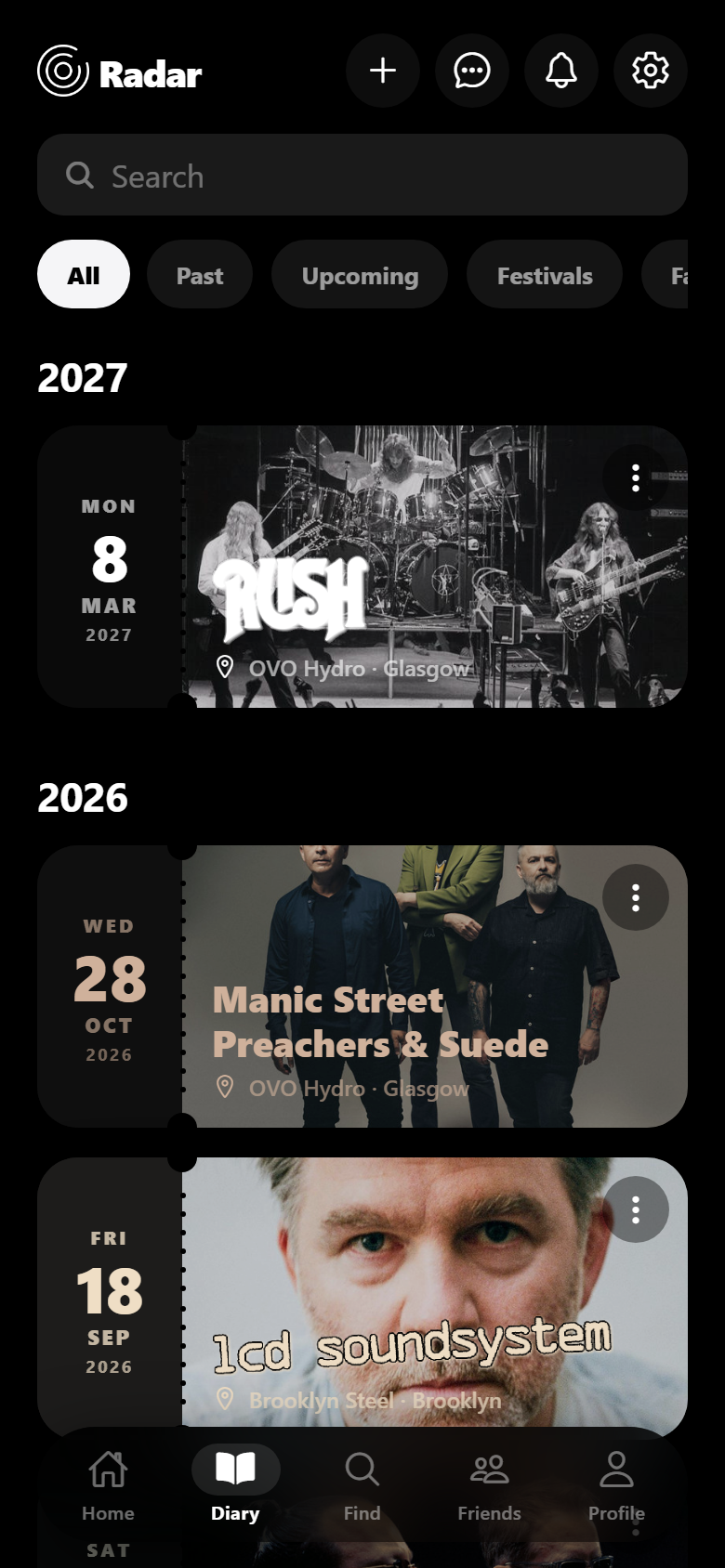 Radar diary in the development build, gigs grouped by year with ticket-style cards