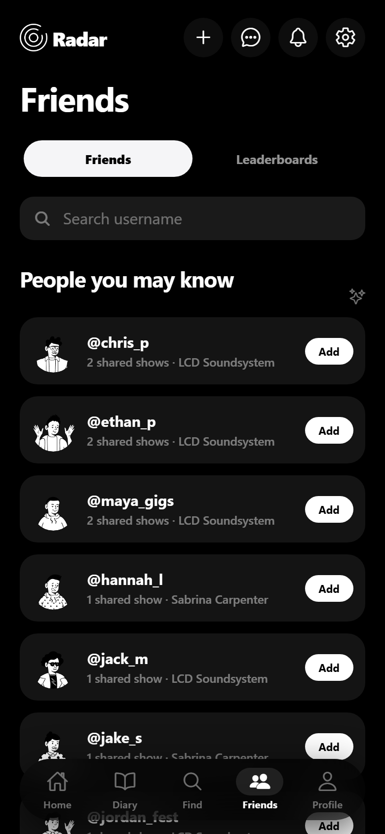 Radar friends screen suggesting people who logged the same gigs