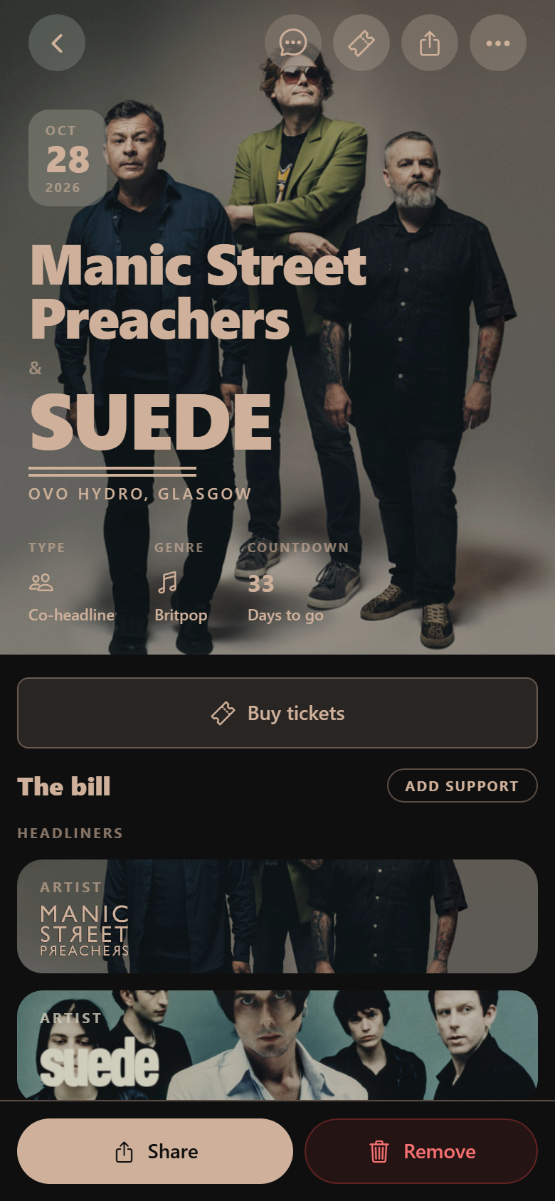 Manic Street Preachers and Suede gig in the Radar development build, with cream type and buttons taken from the photograph