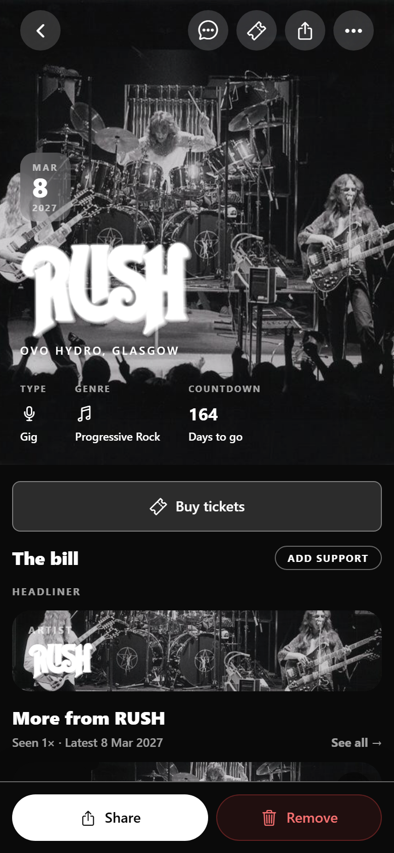 Rush gig page in Radar, a black-and-white live photograph with a black page and white buttons