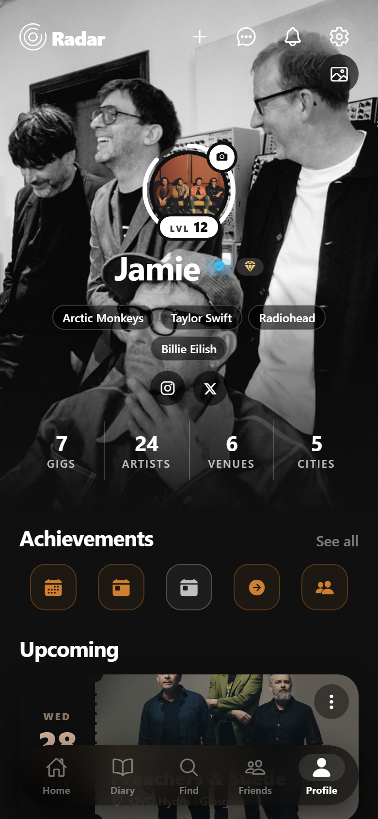 Jamie’s Radar profile in the development build, with a photo cover, level, and gig stats